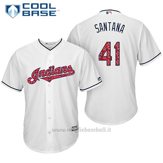 Maglia Baseball Uomo Cleveland Indians 2017 Estrellas y Rayas 41 Carlos Santana Bianco Cool Base